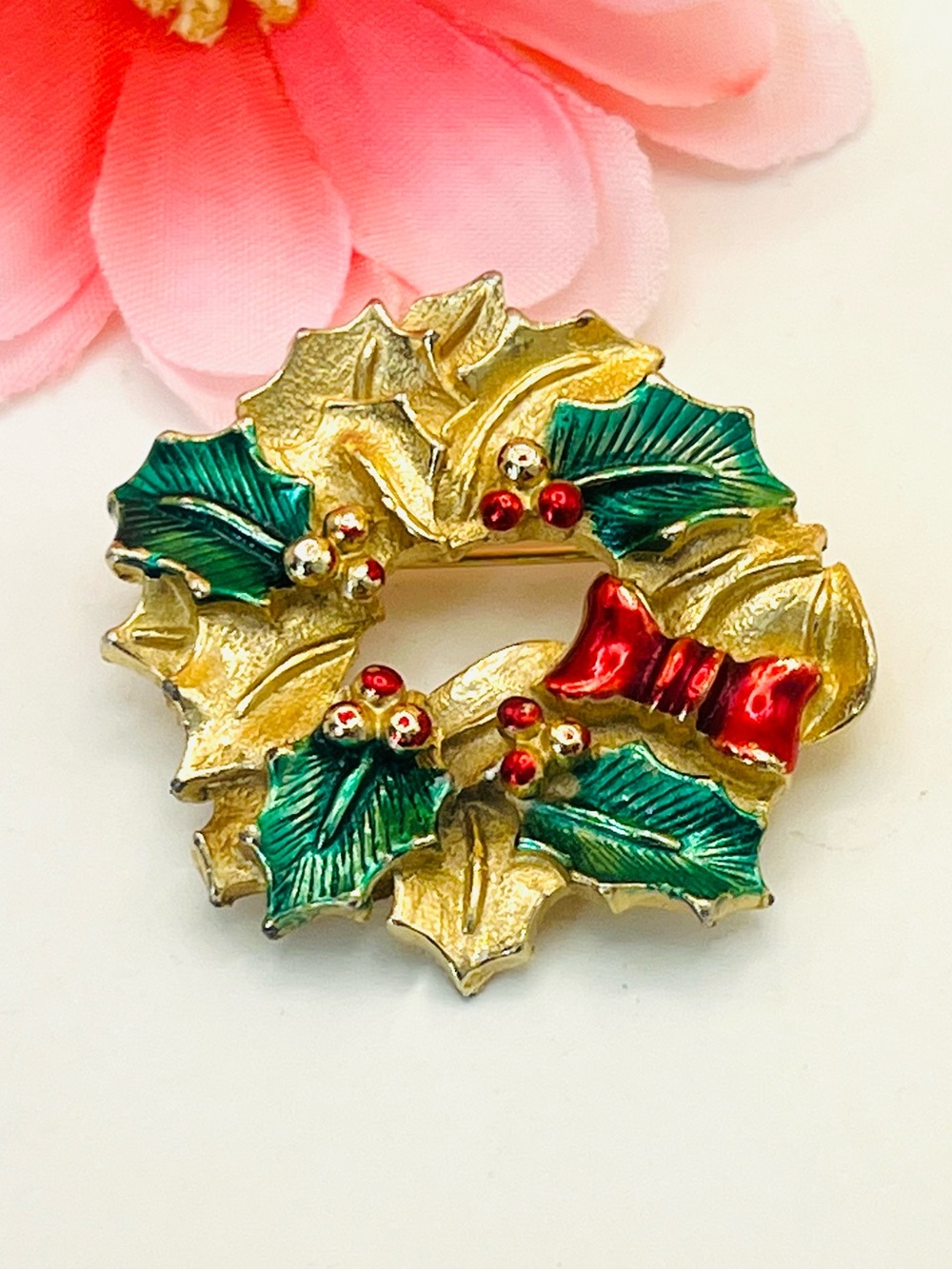 Gold Holly Wreath Brooch with Green Leaves and Red Bow